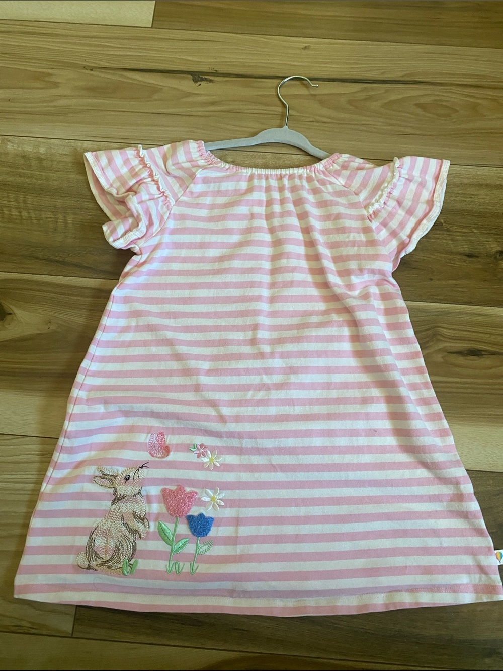 Girls Pink Striped Casual Dress with Bunny & Floral Embroidery